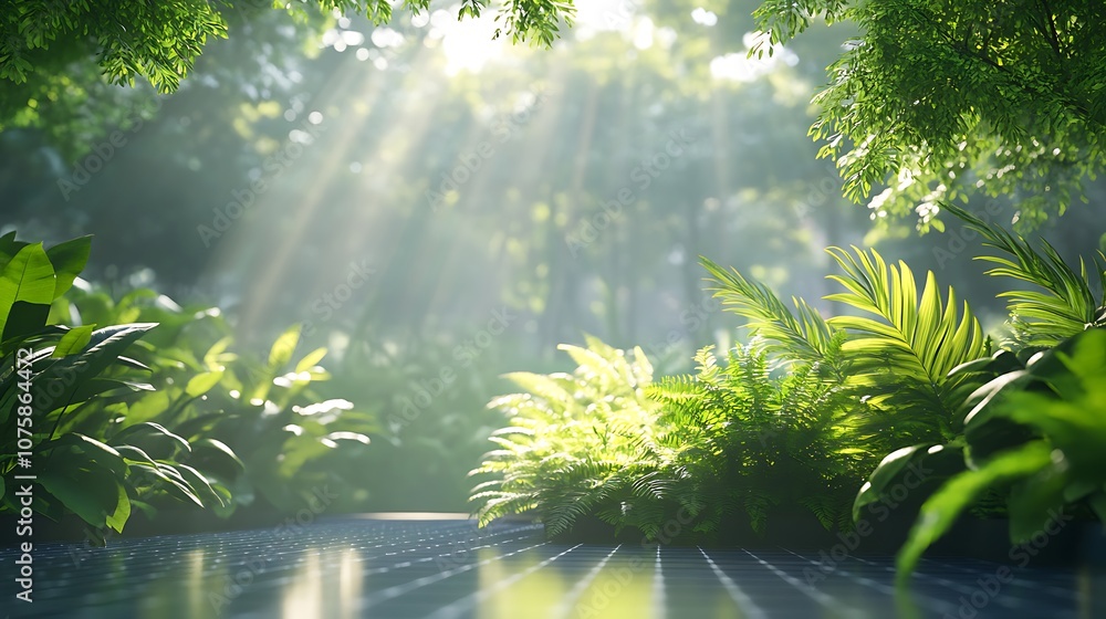 Aufkleber A serene forest scene illuminated by sun rays filtering through lush greenery, creating a peaceful and vibrant atmosphere.
