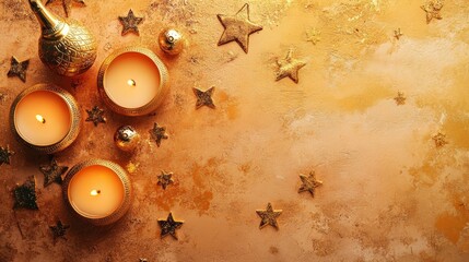A serene arrangement of candles and decorative stars on a textured background.