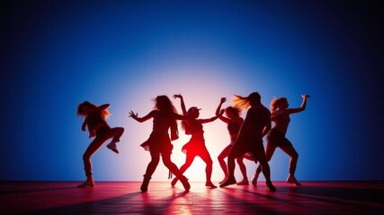 Obraz premium Silhouettes of street dance hip hop dancers in dynamic poses against a vibrant background, background, street dance
