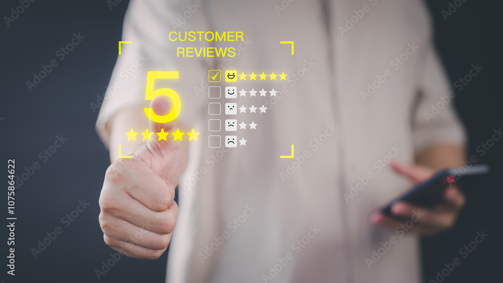 Poster close-up of a person's hand showing a thumbs-up with a glowing five-star rating and customer review 