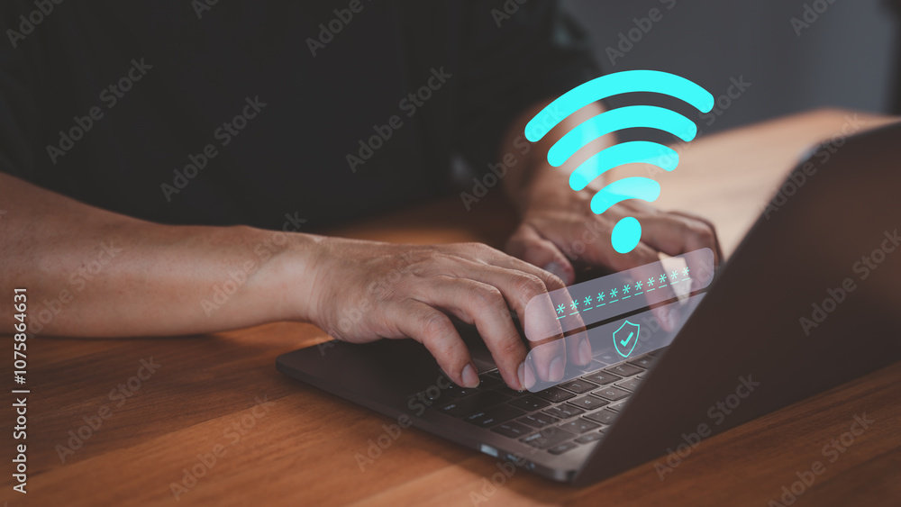 Poster Person logs into a laptop computer using a Wi-Fi connection, entering a username and password. Technology concept of emphasizes internet access, online security, and personal data protection.