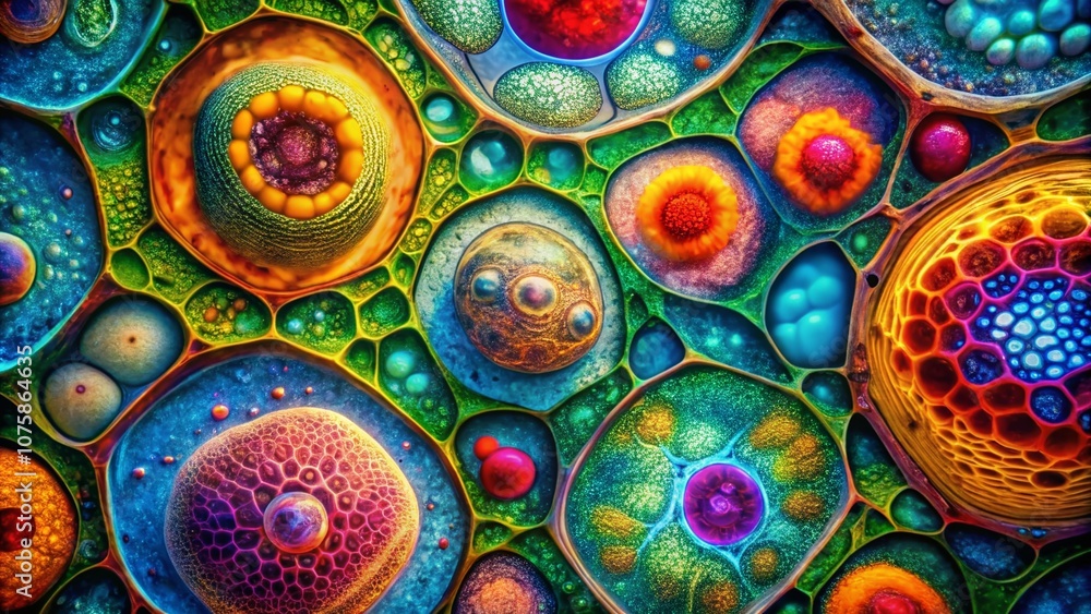 Poster close-up aerial view of colorful cells under a microscope, showcasing intricate structures for scien