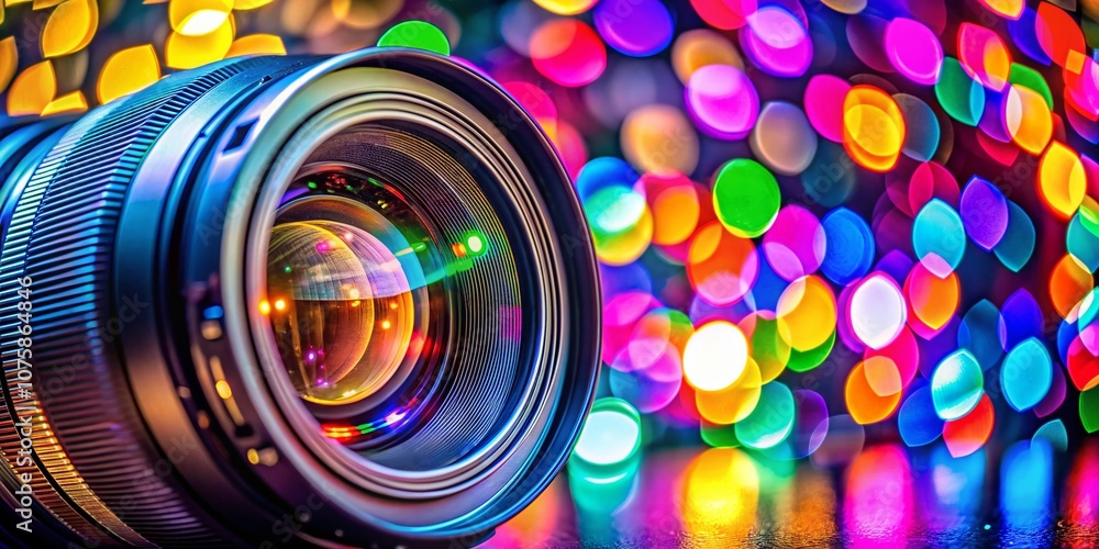 Poster close-up macro of a camera lens illuminated by neon lights against a colorful bokeh background, perf