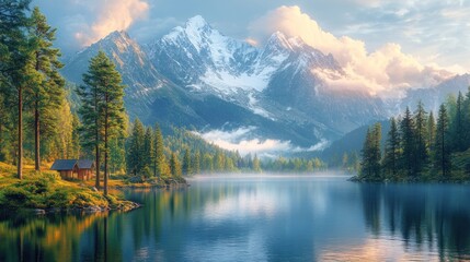 Fototapeta premium Serene mountain landscape with a lake and cabin at sunrise.