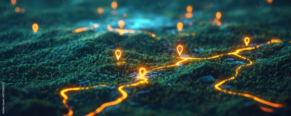 Poster a vibrant, digital map landscape featuring glowing paths and location markers, symbolizing navigatio