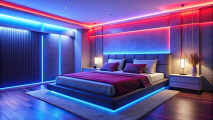 Fototapeta premium Modern bedroom with bed and pillows illuminated by blue and red LED strip lights , modern, bedroom, bed, pillows