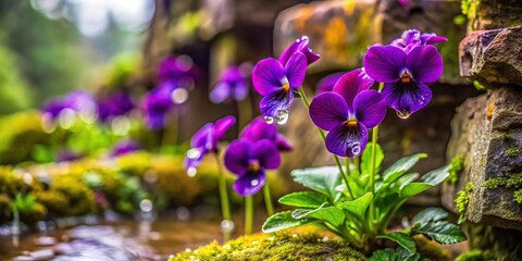 Dark purple violet flowers blooming in a quiet garden amidst dripping moss and water droplets on...