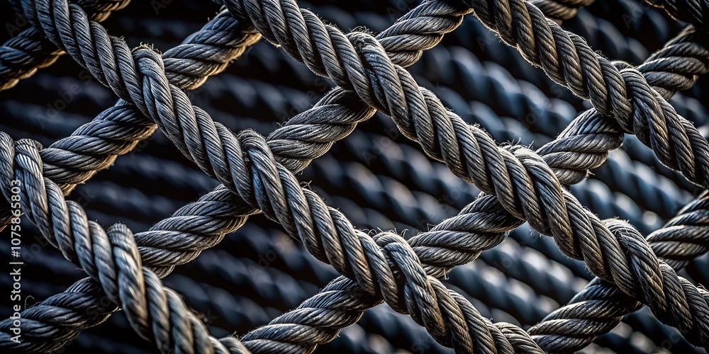 Poster closeup of a twisted black rope net highlighting intricate patterns and textures for design and cons