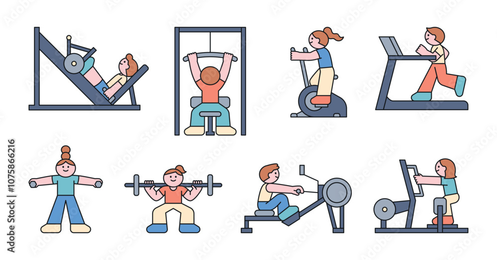 Poster people exercising using various exercise equipment at the gym. cuttiny character with outline.