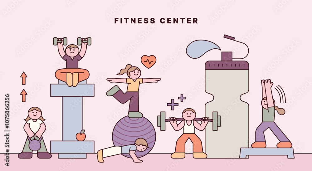 Poster concept illustration featuring characters exercising and various exercise equipment. cuttiny charact