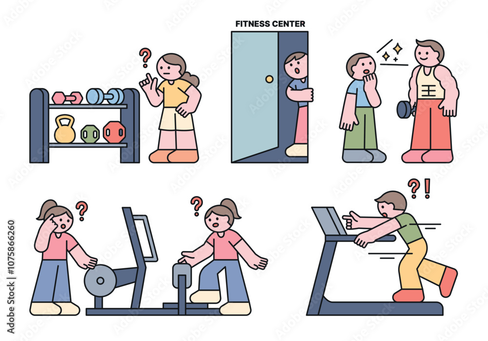 Poster beginners who are new to the gym. they don't know how to use the exercise equipment. cuttiny charact