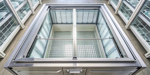 Empty glass door chest freezer in supermarket, top view , supermarket, chest freezer, glass door, empty, storage, appliance