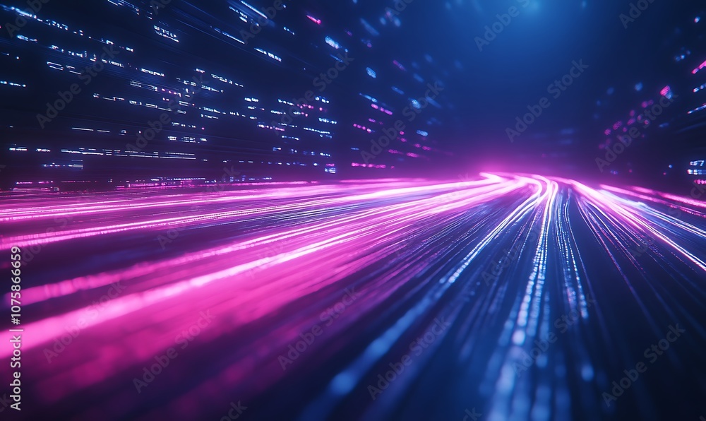 Aufkleber a vibrant display of digital light trails in pink and blue, conveying a sense of speed and motion in