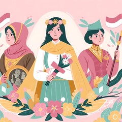Three Women in Traditional Indonesian Attire with Floral Decorations