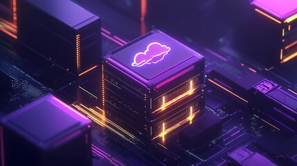 Obraz premium A futuristic depiction of a cloud computing server with vibrant neon colors and intricate circuitry.