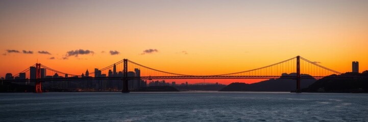 Obraz premium Vibrant sunset over San Francisco skyline and Bay Bridge in California, orange, reflection
