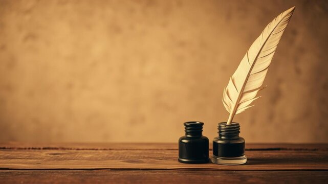 Vintage sepia photograph of a quill pen resting on an inkwell on a classic wooden desk, ideal for educational and creative themes, writing instrument, wooden desk