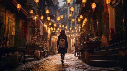Woman Walking Through a Lantern Lit Alley