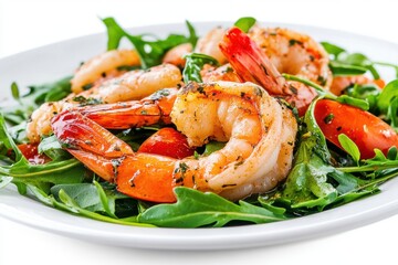 A white plate with shrimp, arugula, and tomatoes.