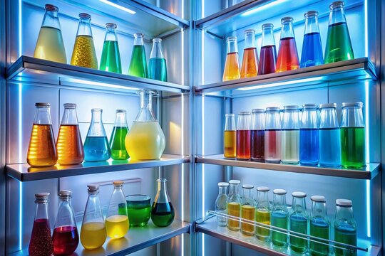 Colorful Chemical Bottles and Test Samples in a Frosted Lab Fridge with Cold Blue Lighting for a Clean Scientific Environment