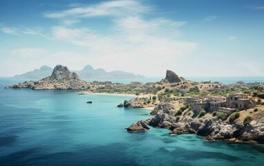 Fototapeta premium A serene coastal landscape featuring rocky formations and turquoise waters under a clear sky.