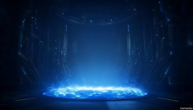 A glowing blue portal surrounded by dark, futuristic architecture, evoking a sense of mystery and advanced technology.