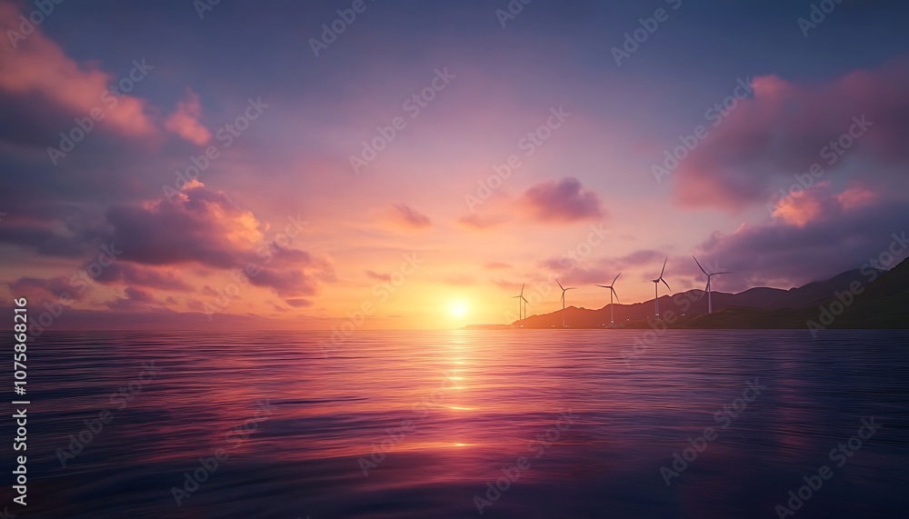 Poster a serene sunset over calm waters, with vibrant colors reflecting on the surface, surrounded by dista