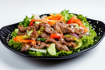 Beef and vegetable salad with sesame seeds.