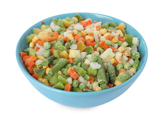 Mix of frozen vegetables in bowl isolated on white