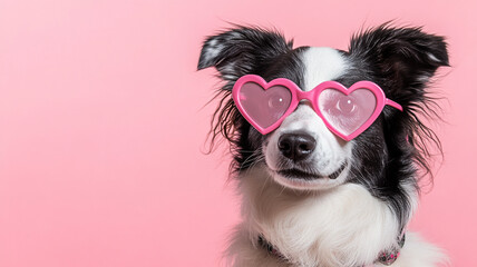 Fototapeta premium Playful dog wearing heart-shaped sunglasses for Valentine's Day celebration