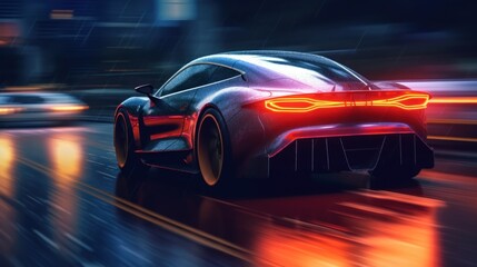 Naklejka premium Fast Sports Car Driving on a Wet Asphalt Road at Night