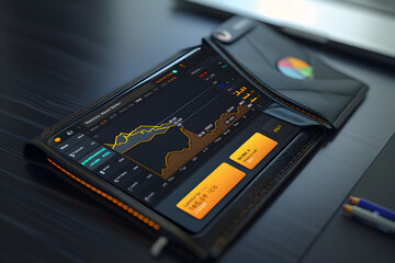 A sleek black tablet displaying stock market data with vibrant graphs and metrics, set against a dark wooden table.
