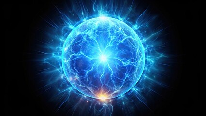 Obraz premium Blue energy sphere exploding on black background, energy, sphere, explosion, burst, burst of energy, power, vibrant, dynamic