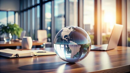 Crystal Ball on Modern Desk Signifying Uncertainty in Global Market Trends with Clear Copy Space for Business Insights and Predictions