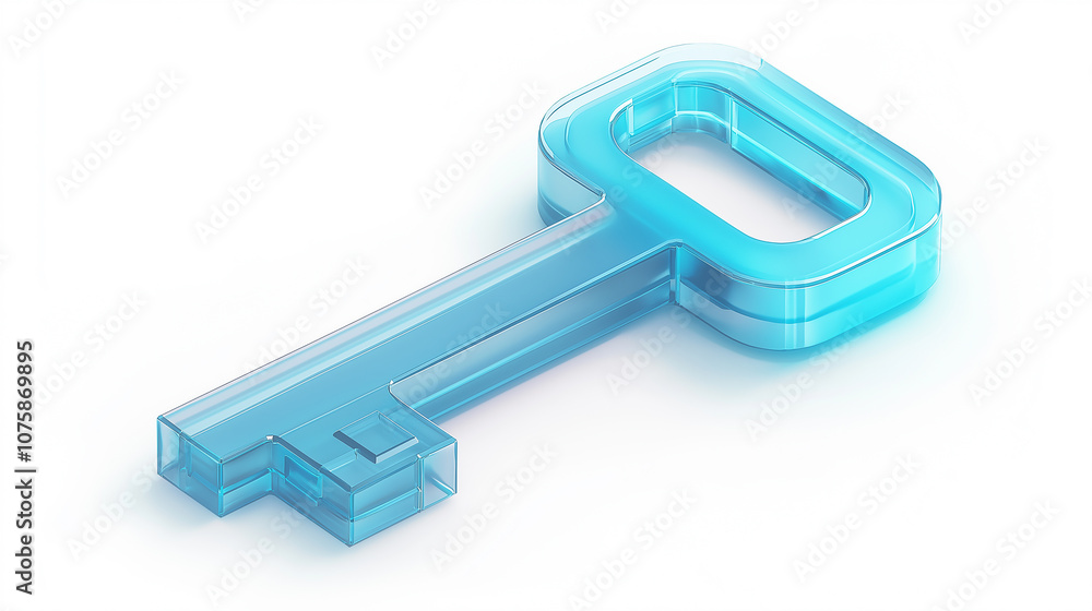 Poster glass key symbolizing security and access on white background