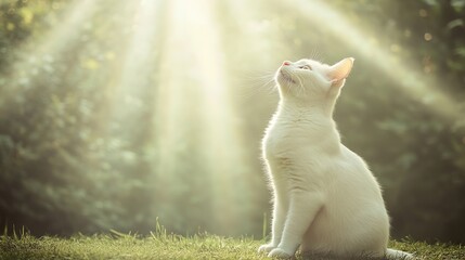 White Cat with Beige Spots Communicating Telepathically with Human Family, Conveying the Wisdom of Respecting Animal Nature and Harmony Among All Life Forms, Represented by Rays of Light