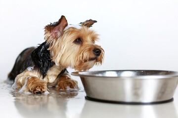 Bath Time. Tibetan terrier dog gets a bath at the groomer in stainless steel bathtub, selective focus , isolated on white background,  , copy space, copy space for text,