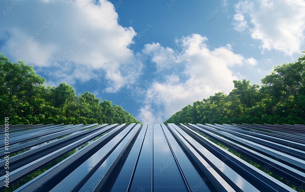Fototapete A dynamic view of reflective panels leading towards lush trees and a bright sky, creating a sense of openness and harmony with nature.