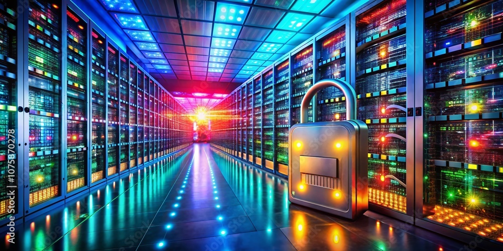 Poster data security concept featuring secure server racks, digital locks, and bokeh effect for enhanced vi