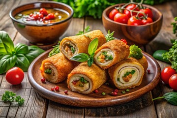 Deliciously Golden Chicken Rolls on a Rustic Wooden Table Surrounded by Fresh Ingredients and Dipping Sauce for an Appetizing Culinary Presentation