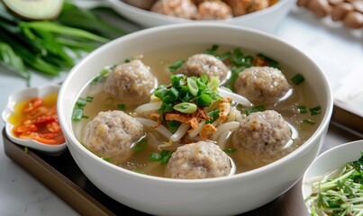 Photo of meat ball food served in a bowl and the fresh sauce makes it delicious ai generated