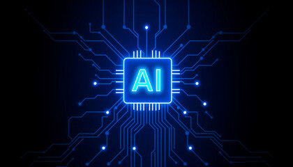 Glowing Purple AI Chip on Blue Circuit Board, Symbolizing Advanced Artificial Intelligence Technology.