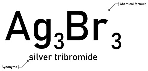 Obraz premium Silver tribromide chemical formula and synonyms with callout titles