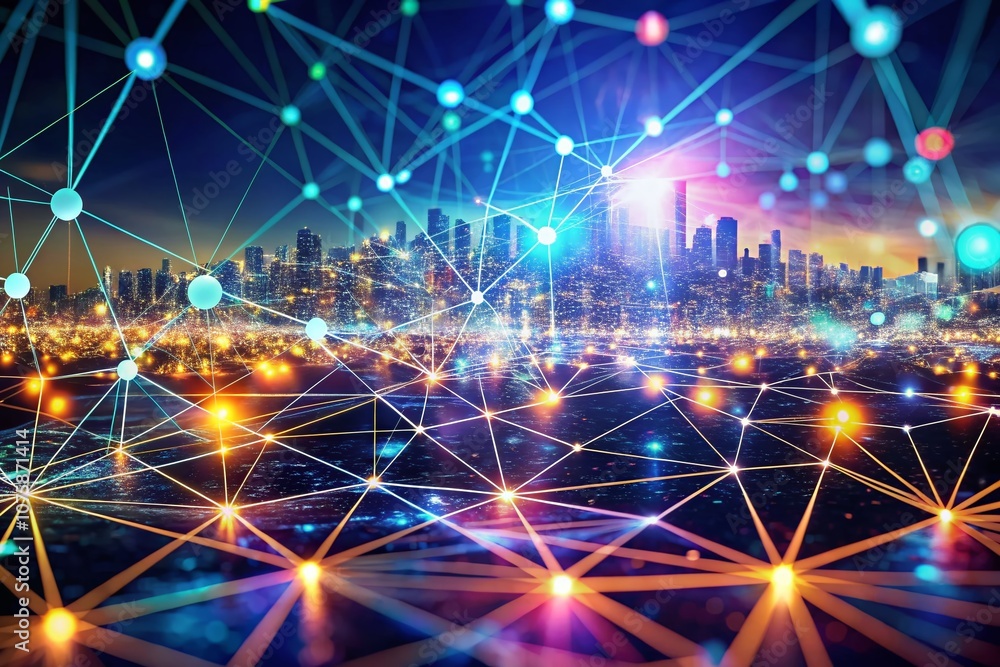 Poster digital futuristic network illustrating virtual space with connected nodes and data streams, showcas