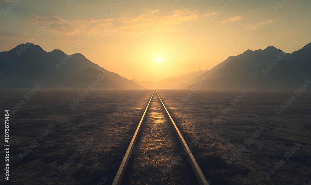 Poster a serene landscape featuring railway tracks stretching towards a distant sunset, framed by mountains