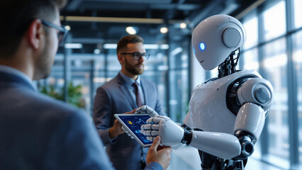 A businessman and futuristic robot analyze data on a tablet in a sleek office, symbolizing AI integration in business. Perfect for illustrating technology, automation, and the future of work.