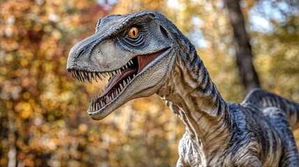 Obraz premium A cinematic photoshoot of a Velociraptor captured with an 85mm lens, showcasing incredible depth of field and tilt-shift blur. 