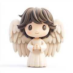 Fototapeta premium Cute 3D Angel Figurine with Graceful Wings on White Background