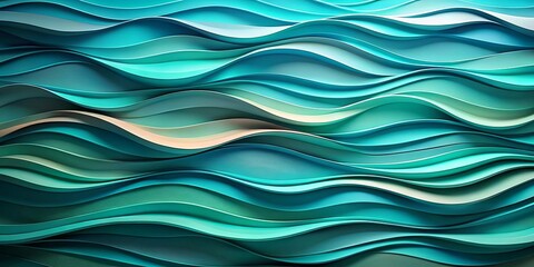 An abstract pattern of undulating, layered curves in shades of blue and green creates a sense of depth and movement.