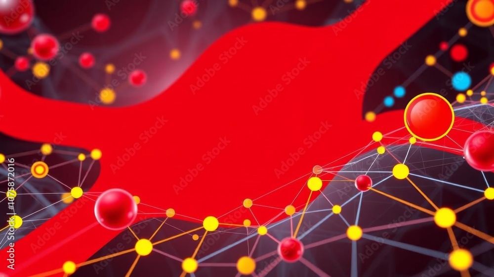 Poster 3d rendering of interconnected yellow circles with vibrant red lines connecting them, creating a mod